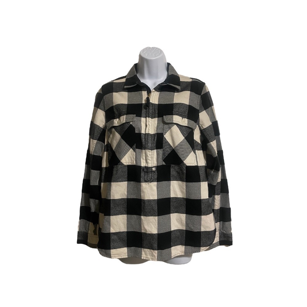 J.Crew Buffalo Plaid Pullover Shirt Flannel Long Sleeve Black Cream‎ Size S